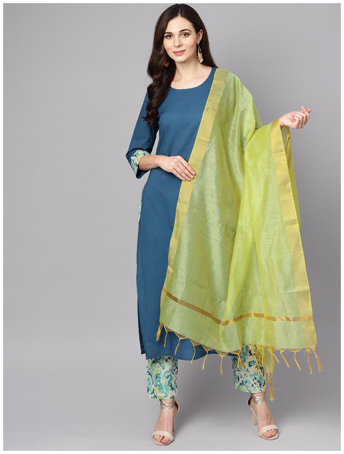 AASI- HOUSE OF NAYO Women Blue Green Solid Straight Kurta With Palazzo And Dupatta
AASI- HOUSE OF NAYO Women Blue Green Solid Straight Kurta With Palazzo And Dupatta