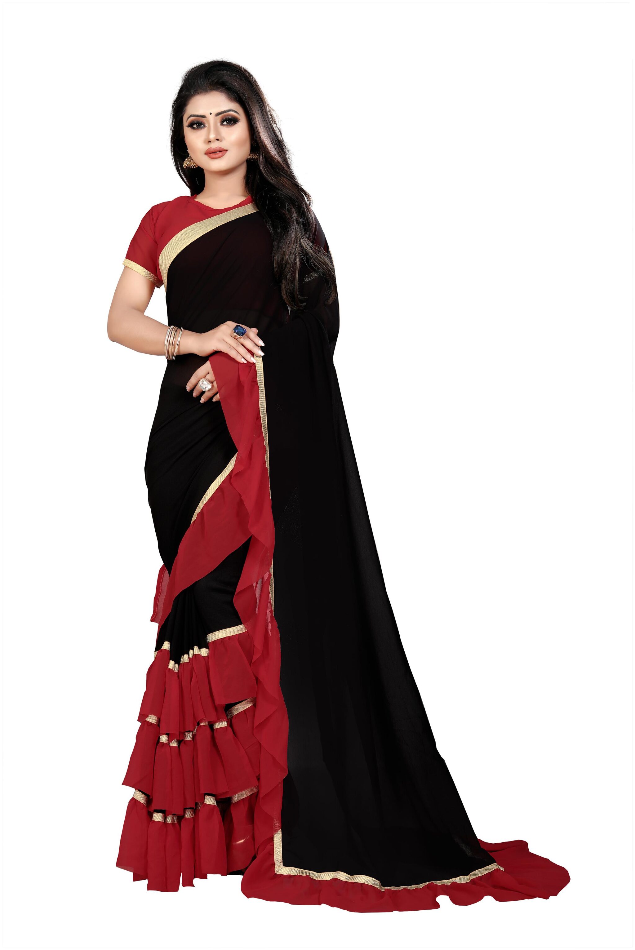 Aldwych Black Red Solid Universal Regular Saree With Blouse With blouse
Aldwych Black Red Solid Universal Regular Saree With Blouse With blouse