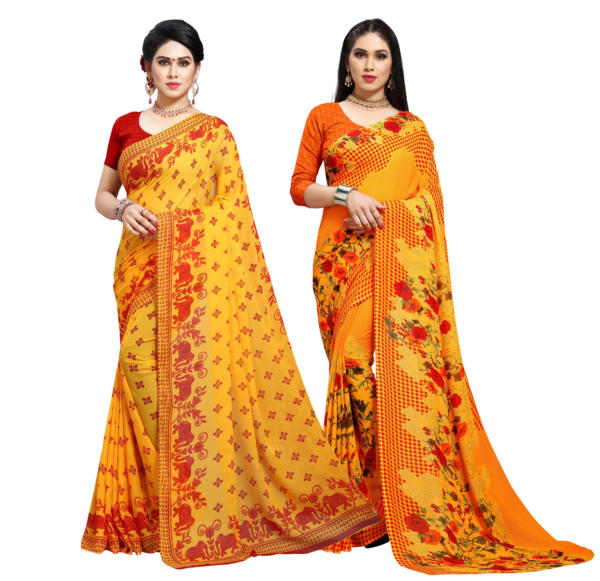 Anand Sarees Women Floral Georgette Sarees with Blouse Piece (Set of 2) 
Anand Sarees Women Floral Georgette Sarees with Blouse Piece (Set of 2)