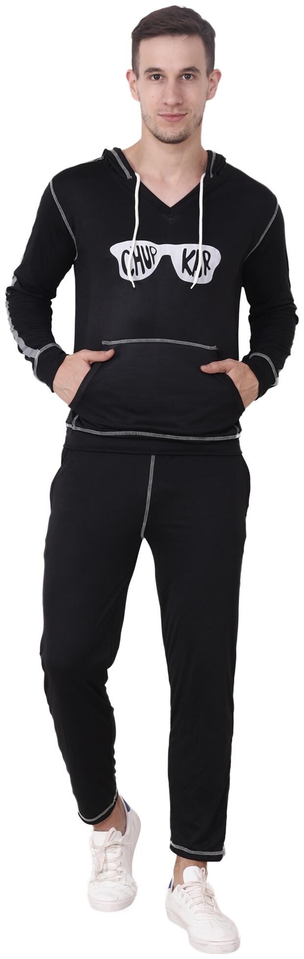 NICE QUEEN Men Black Solid Regular Fit Hooded Track Suit