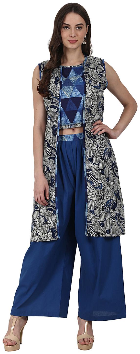 Nayo Blue Printed Top With Solid Ankle Length Plazzo Sleevless Grey Printed Jacket
Nayo Blue Printed Top With Solid Ankle Length Plazzo Sleevless Grey Printed Jacket