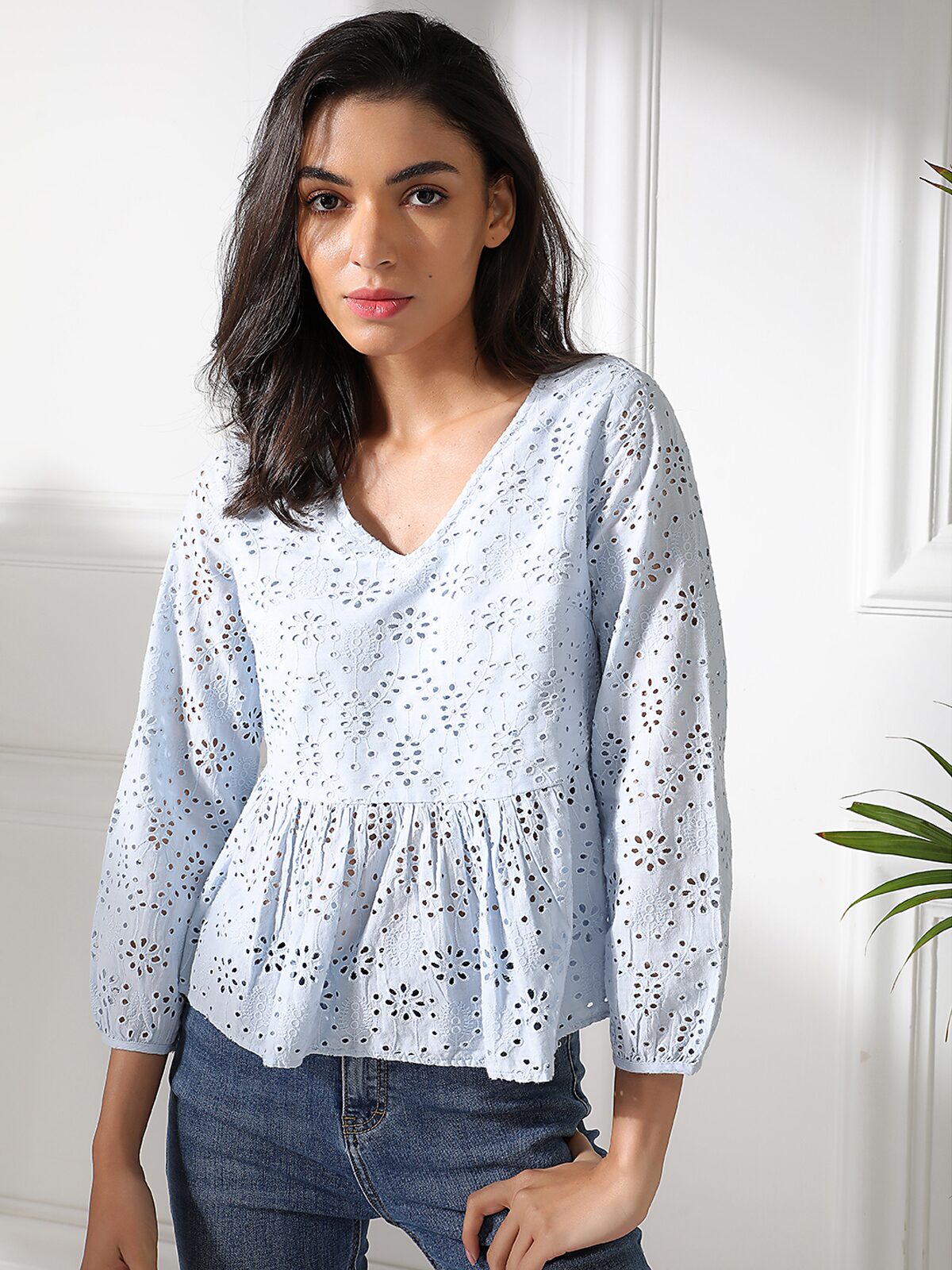 Cover Story Women Embroidered Regular top - Blue