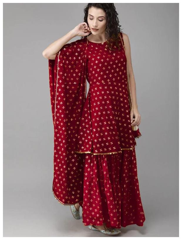 DIVYANSHI FASHIONS Women Maroon Printed Straight Kurti With Sharara And Dupatta
DIVYANSHI FASHIONS Women Maroon Printed Straight Kurti With Sharara And Dupatta