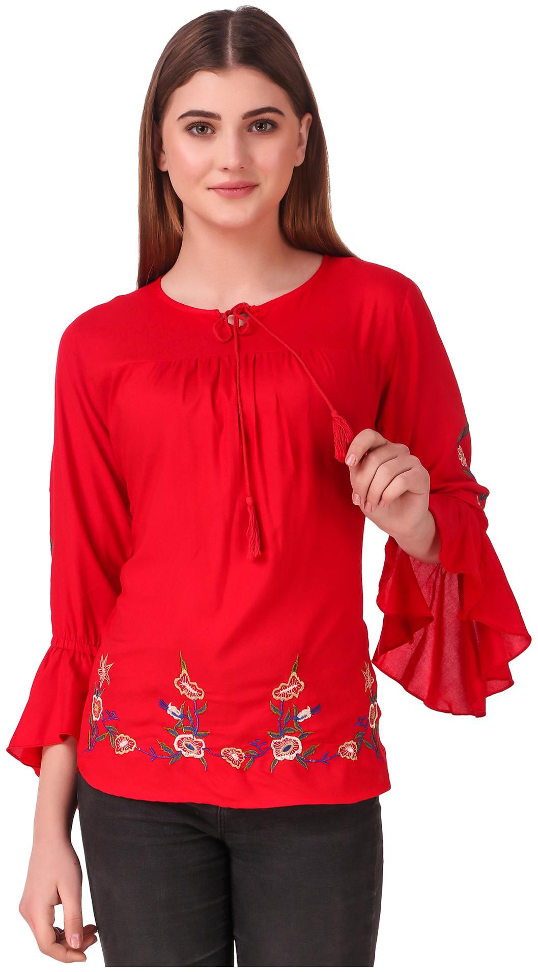 Elyraa Women Embroidered Regular top - Red