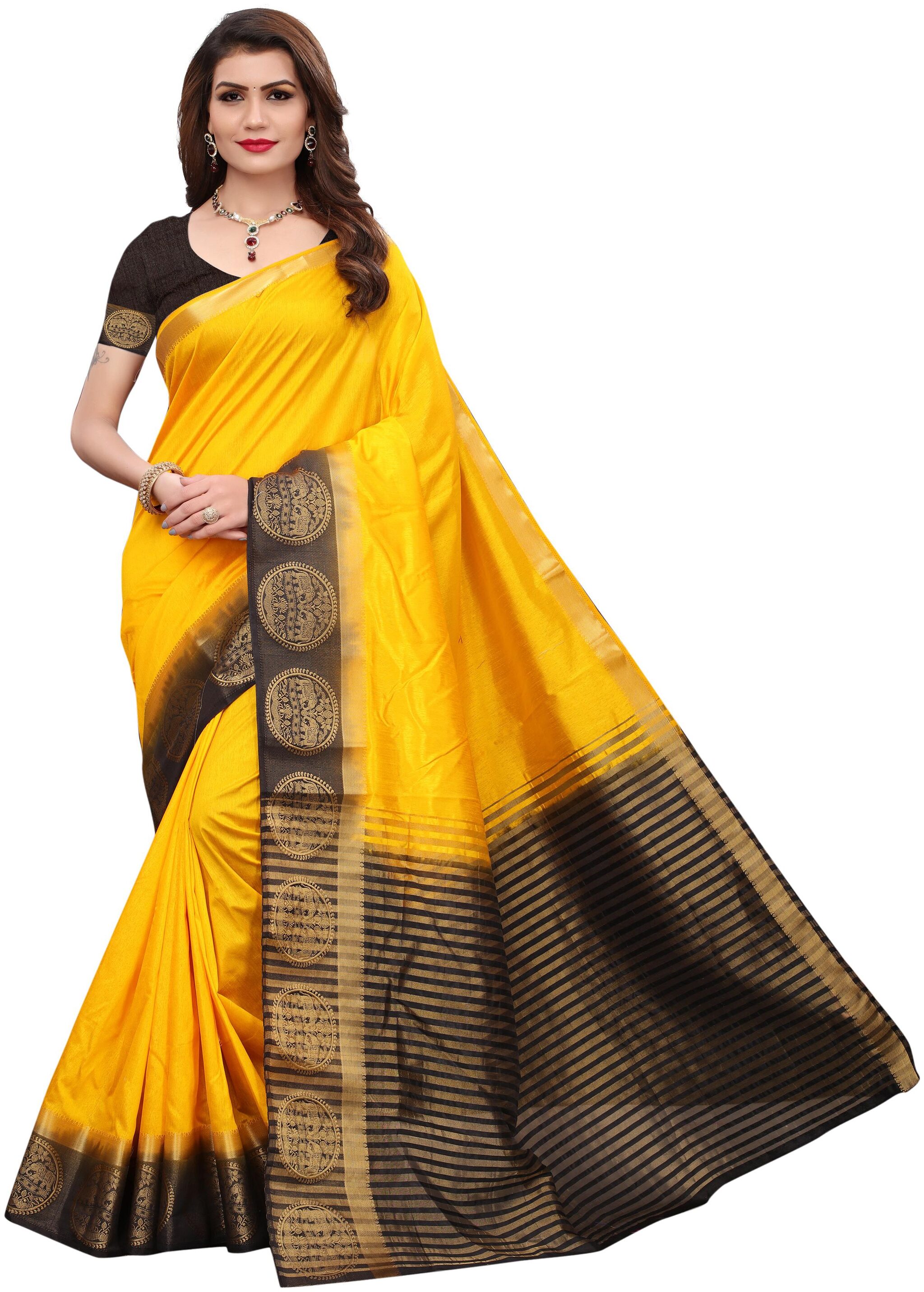 Indian Beauty Women Yellow Color Kanjivaram Silk Jecqured Border Saree With Blouse Piece 
Indian Beauty Women Yellow Color Kanjivaram Silk Jecqured Border Saree With Blouse Piece