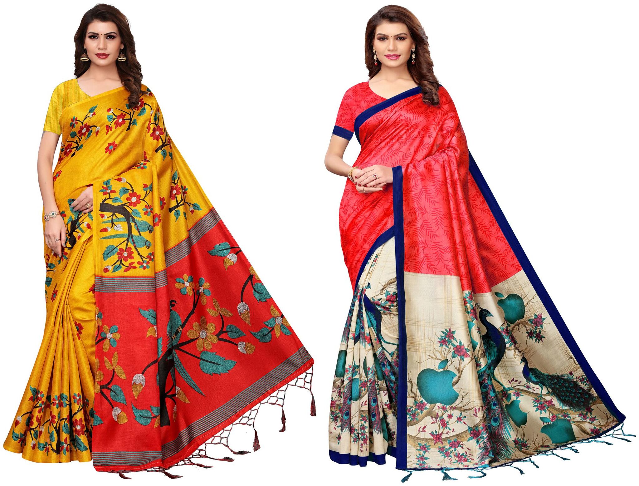 

Indian Beauty Womens Multi Color Mysore Silk Printed Pack Of 2 Sarees With Blouse Piece