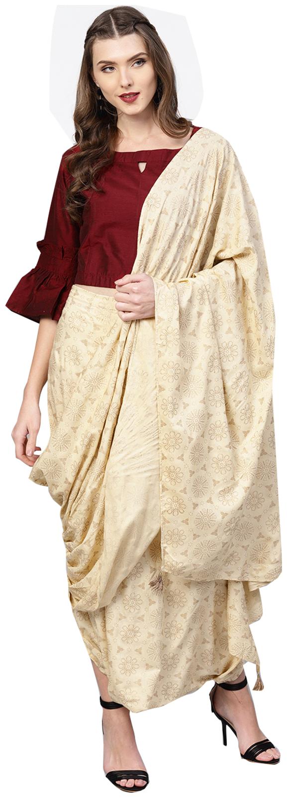 Ishin Womens Rayon Cream Printed Palazzo Saree Style With Stitched Solid Blouse Suit Set
Ishin Womens Rayon Cream Printed Palazzo Saree Style With Stitched Solid Blouse Suit Set
