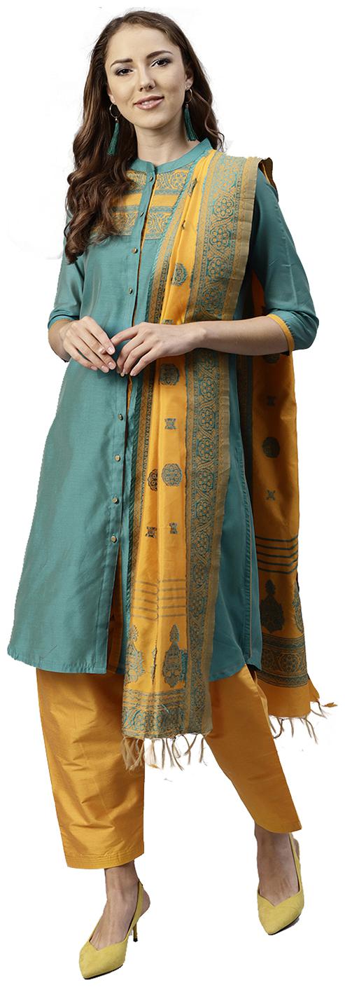 Jaipur Kurti Women Turquoise Blue Yellow Solid Straight Chanderi Kurta with Patiala Dupatta
Jaipur Kurti Women Turquoise Blue Yellow Solid Straight Chanderi Kurta with Patiala Dupatta