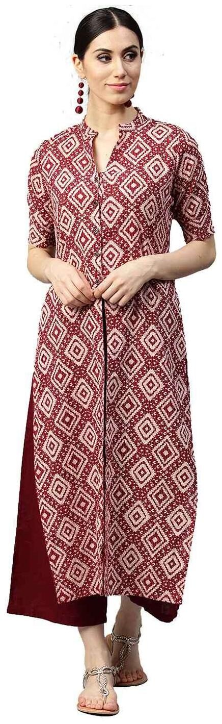 Jaipur Kurti Women Maroon Printed Angrakha Kurta 
Jaipur Kurti Women Maroon Printed Angrakha Kurta