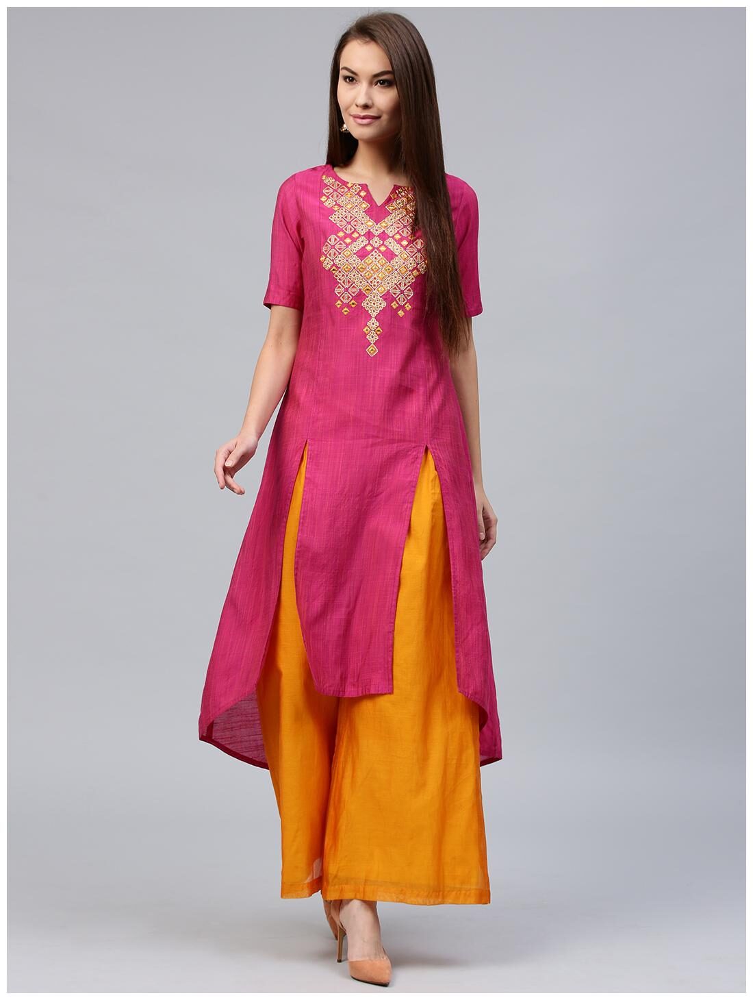 Jaipur Kurti Women s Pink Rayon Slub Solid Long Kurta with Yellow Chanderi Palazzo
Jaipur Kurti Women s Pink Rayon Slub Solid Long Kurta with Yellow Chanderi Palazzo