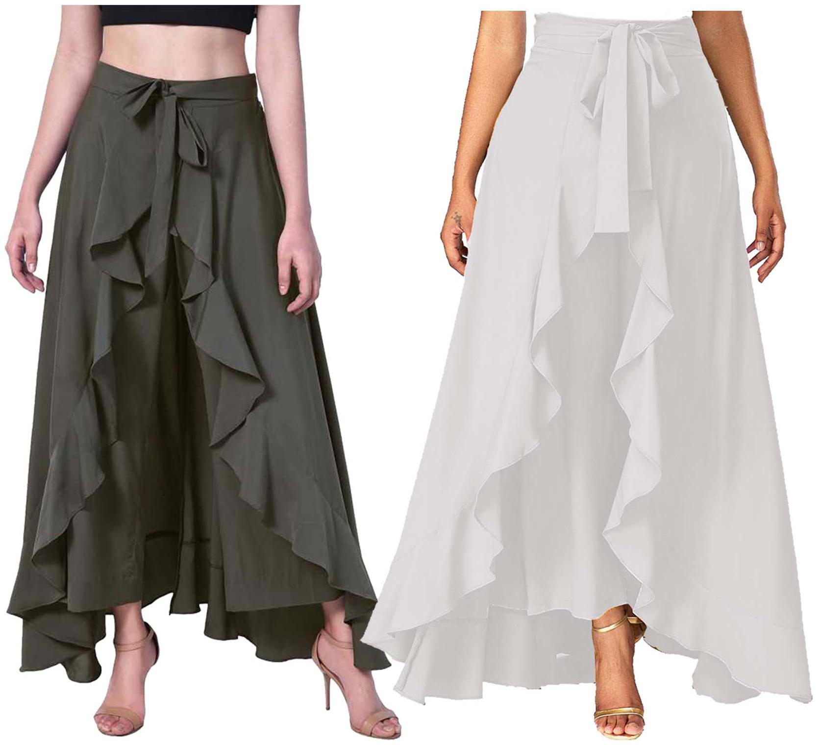 JJ Fashion Green White Solid Flared Palazzo