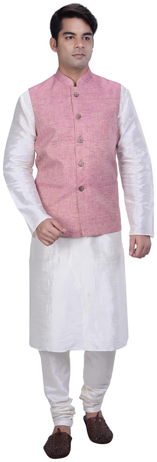Kisah Men s White Cotton Silk Kurta And Churidar With Pink Cotton Silk Nehru Jacket
Kisah Men s White Cotton Silk Kurta And Churidar With Pink Cotton Silk Nehru Jacket