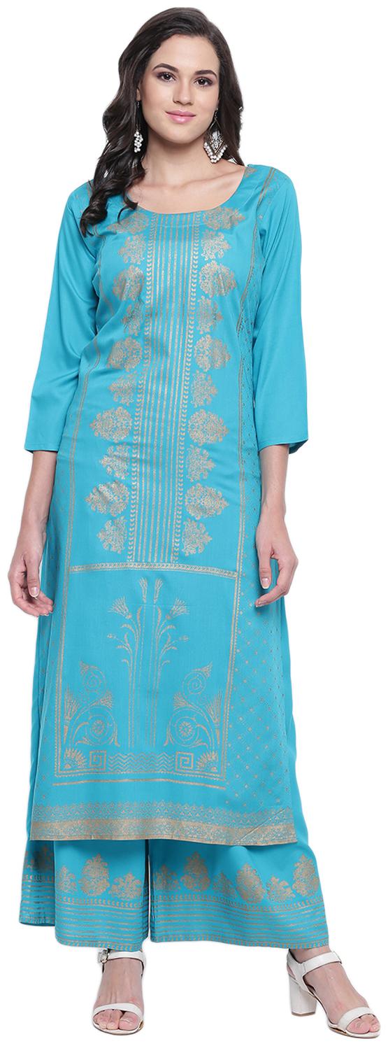 LIVZA Women Turquoise Floral Straight Kurta With Palazzo 
LIVZA Women Turquoise Floral Straight Kurta With Palazzo