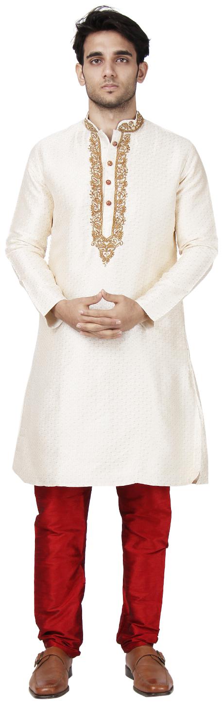 Maharaja Mens Jacquard Silk Embroidered Sherwani Kurta Pyjama Set for Weddings and Festivals in Ivory
Maharaja Mens Jacquard Silk Embroidered Sherwani Kurta Pyjama Set for Weddings and Festivals in Ivory