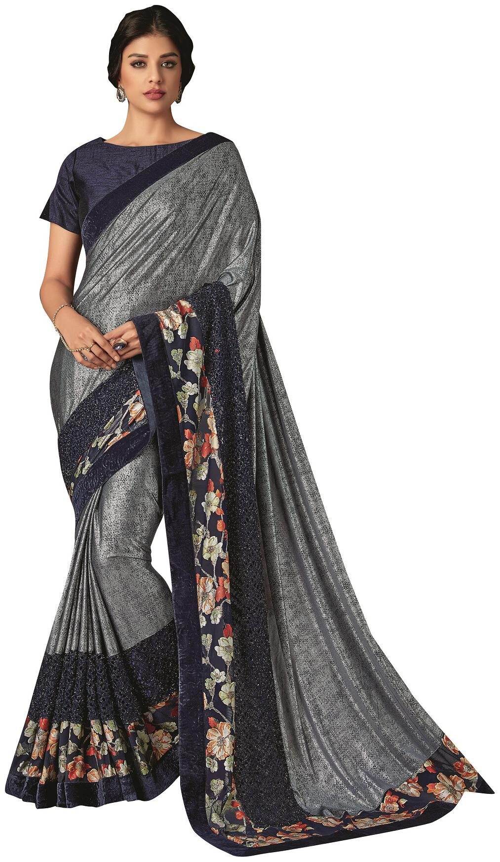 Mahotsav Grey And Navy blue Lycra Printed Lace Border Saree With Blouse 
Mahotsav Grey And Navy blue Lycra Printed Lace Border Saree With Blouse