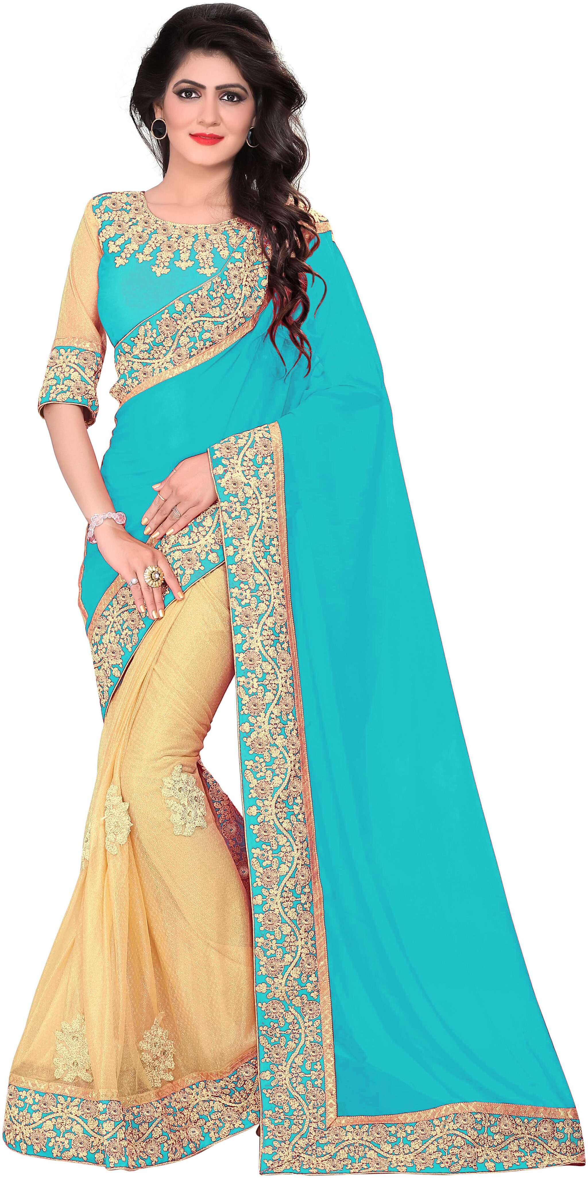 Bigben Textile Turquoise Embroidered Universal Half Half Saree With Blouse With blouse
Bigben Textile Turquoise Embroidered Universal Half Half Saree With Blouse With blouse