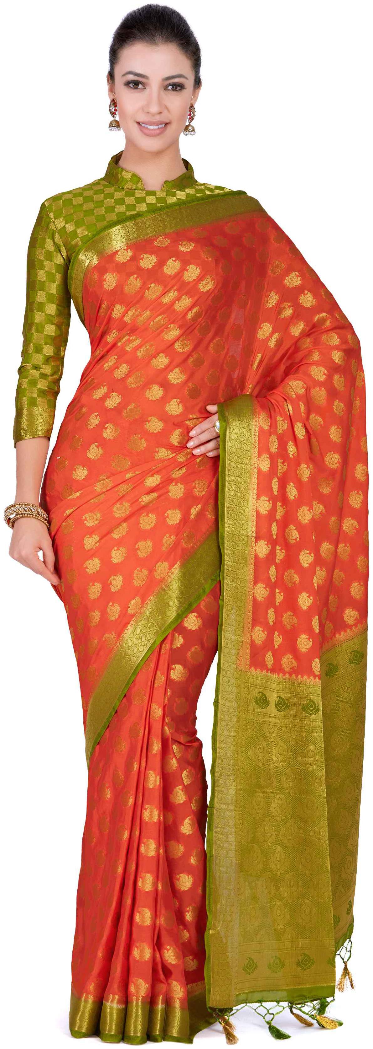 Mimosa Art Crape silk Wedding saree Kanjivarm Pattu style With Contrast Blouse Color Orange (4278-239-2D-PCH-OLV)
Mimosa Art Crape silk Wedding saree Kanjivarm Pattu style With Contrast Blouse Color Orange (4278-239-2D-PCH-OLV)