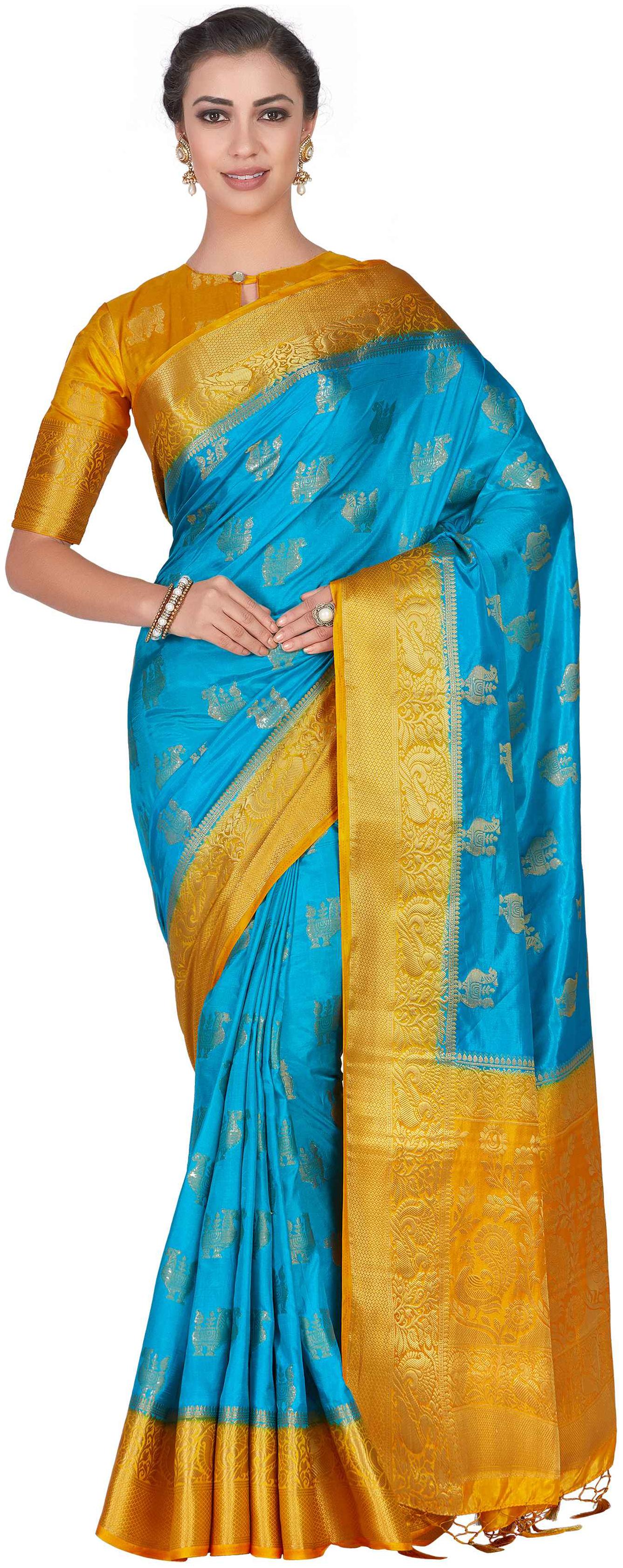Mimosa Art silk Wedding saree Kanjivarm Pattu style With Contrast Blouse Color Turquoise (4296-358-2D-SAFF-GLD)
Mimosa Art silk Wedding saree Kanjivarm Pattu style With Contrast Blouse Color Turquoise (4296-358-2D-SAFF-GLD)