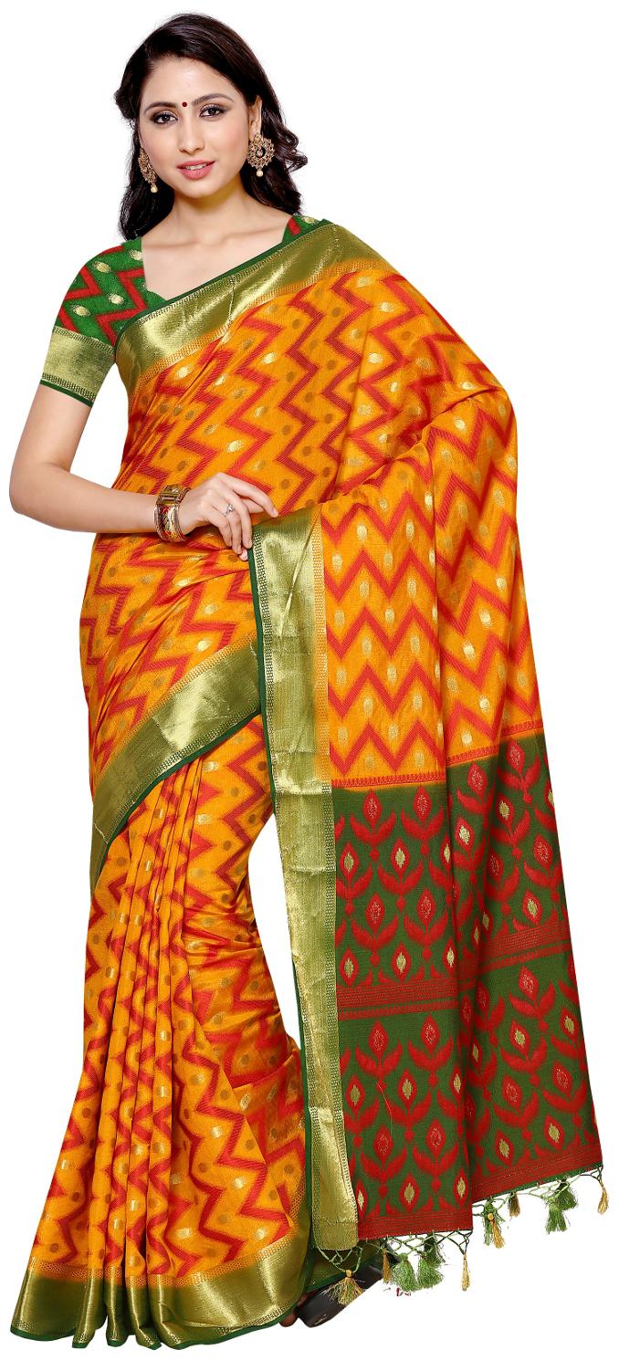Mimosa By Kupinda Ikkat Art Silk Saree Kanjivaram Style Color Mustard (4014-2135-2D-GLD-GRN)
Mimosa By Kupinda Ikkat Art Silk Saree Kanjivaram Style Color Mustard (4014-2135-2D-GLD-GRN)