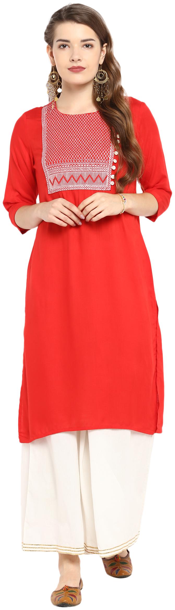 MYTRI Women Red Embroidered Straight Kurti 
MYTRI Women Red Embroidered Straight Kurti