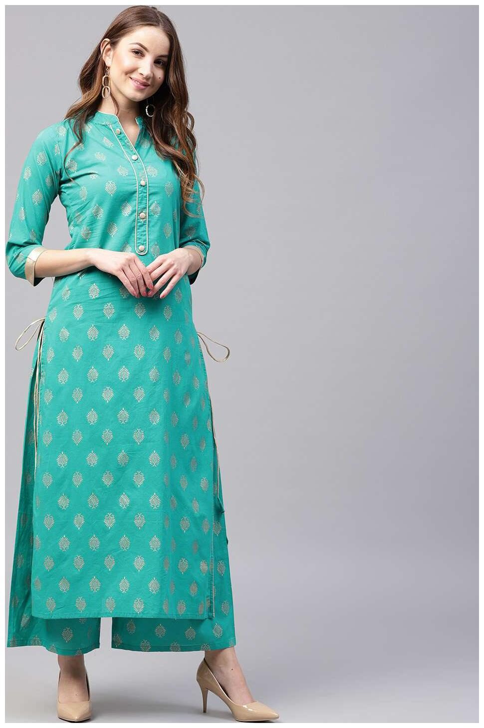 Nayo Green Printed 3 4Th Sleeve Cotton Kurta With Green Printed Ankle Length Palazzo
Nayo Green Printed 3 4Th Sleeve Cotton Kurta With Green Printed Ankle Length Palazzo