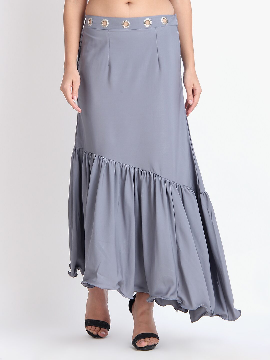 O Madam Solid Flared skirt Maxi Skirt - Grey