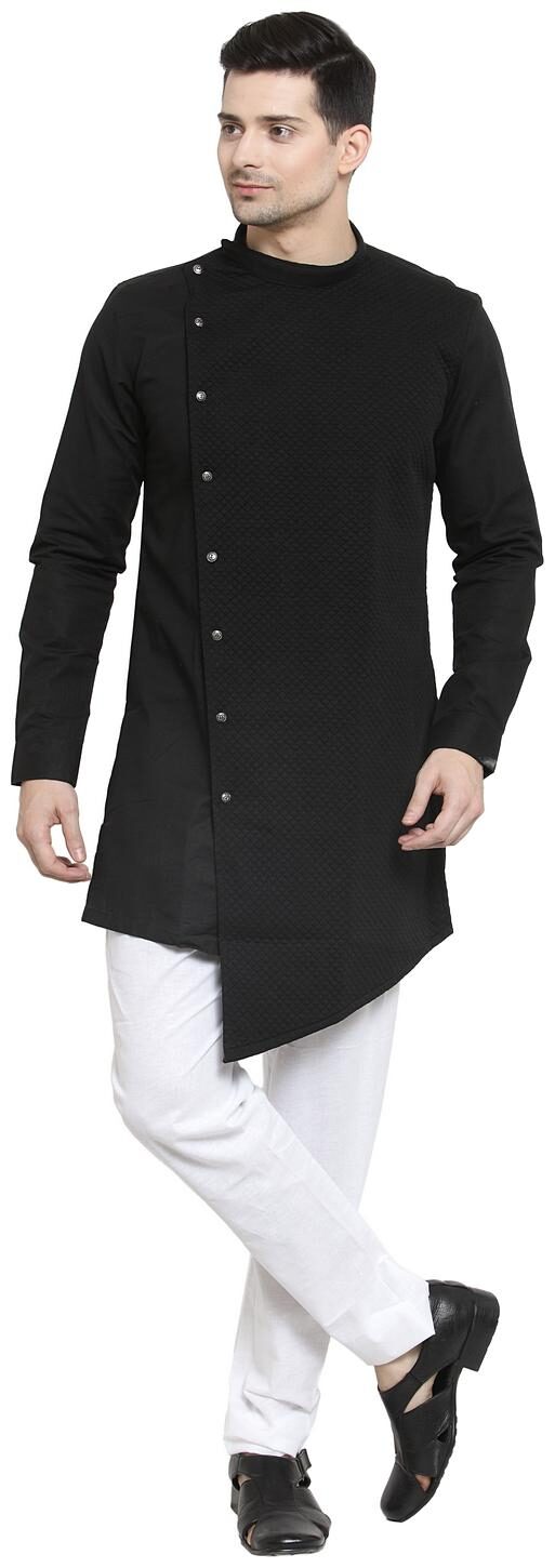 RG Designers Cotton Full Sleeve Black Designer Cross Kurta With White Churidar For Men
RG Designers Cotton Full Sleeve Black Designer Cross Kurta With White Churidar For Men