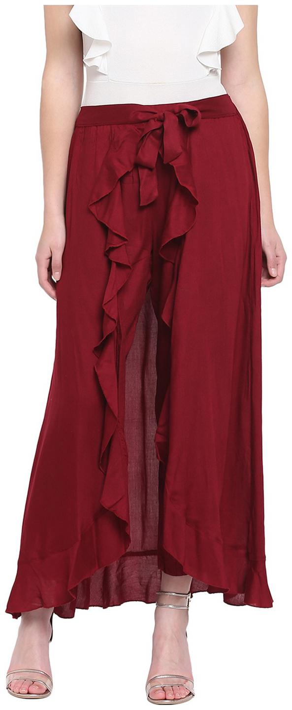 RIVI Maroon Womens Ruffle Palazo Trouser