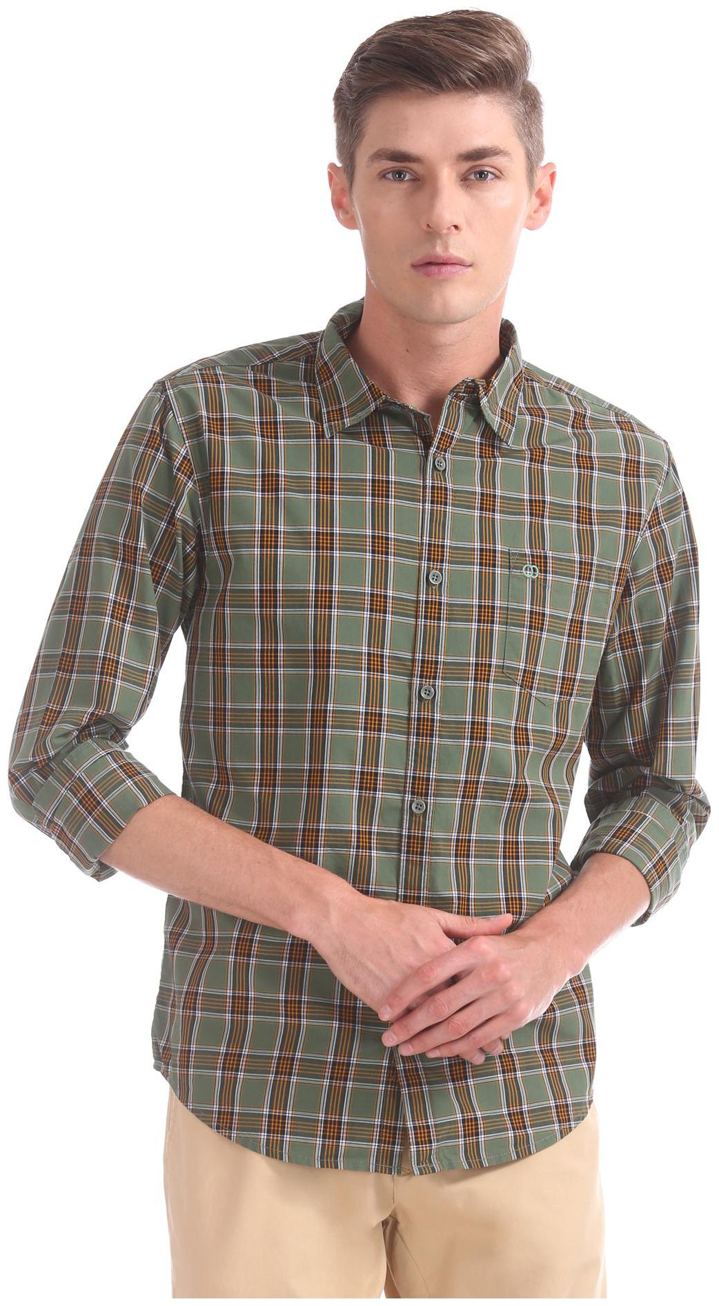 RUGGERS Men Green Checked Slim Fit Casual Shirt