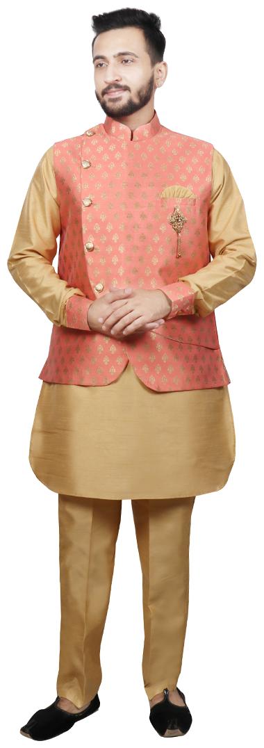 SG RAJASAHAB Kurta pyjama with Jacket set for Men - Peach 
SG RAJASAHAB Kurta pyjama with Jacket set for Men - Peach