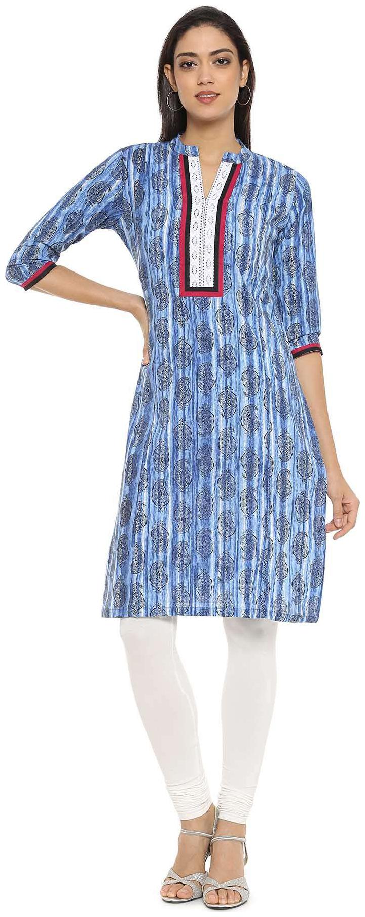 Soch Women Blue Printed Straight Kurta