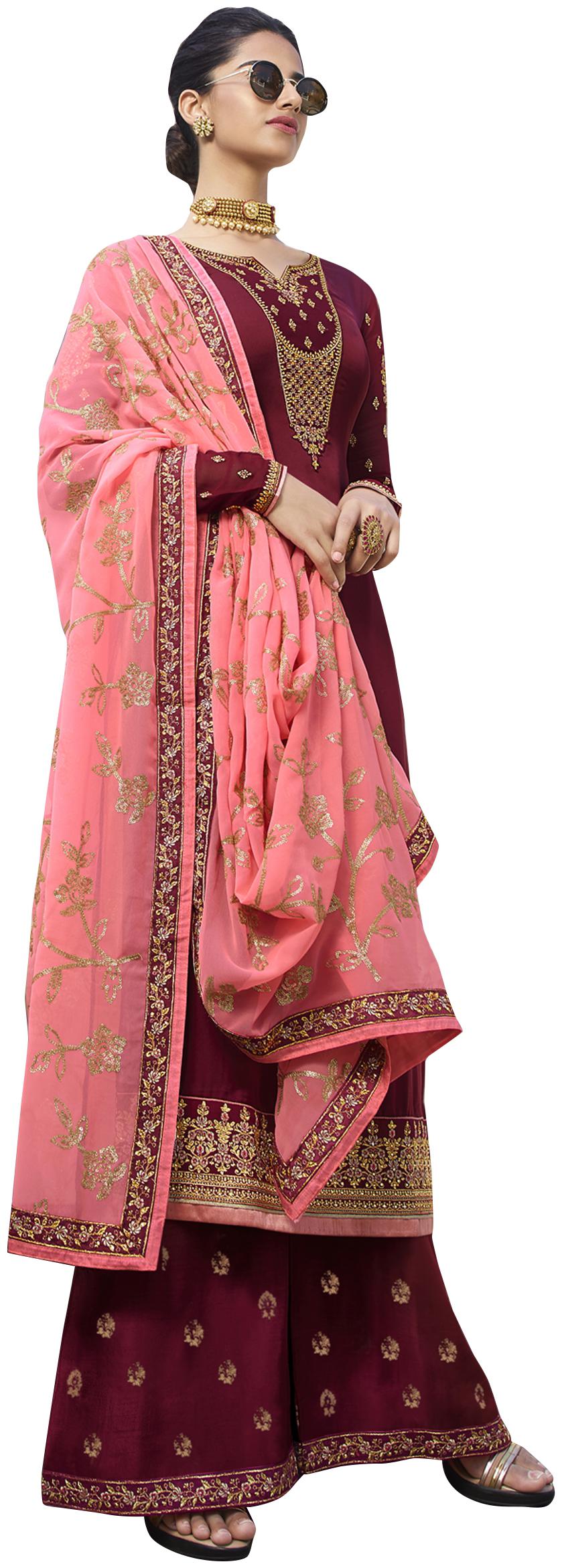 Stylee Lifestyle Women Satin Maroon Dress Material