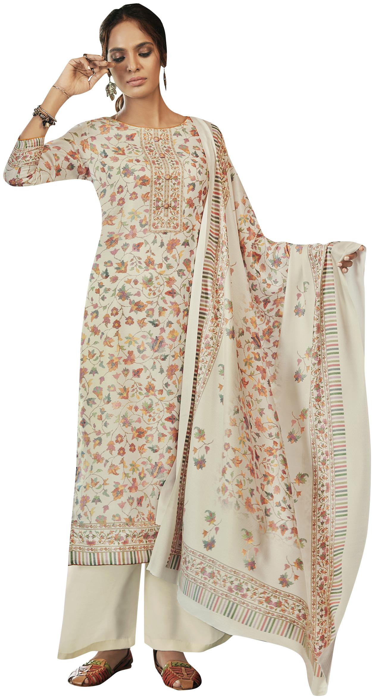 Stylee Lifestyle Cream Unstitched Kurta with bottom dupatta With dupatta Dress Material