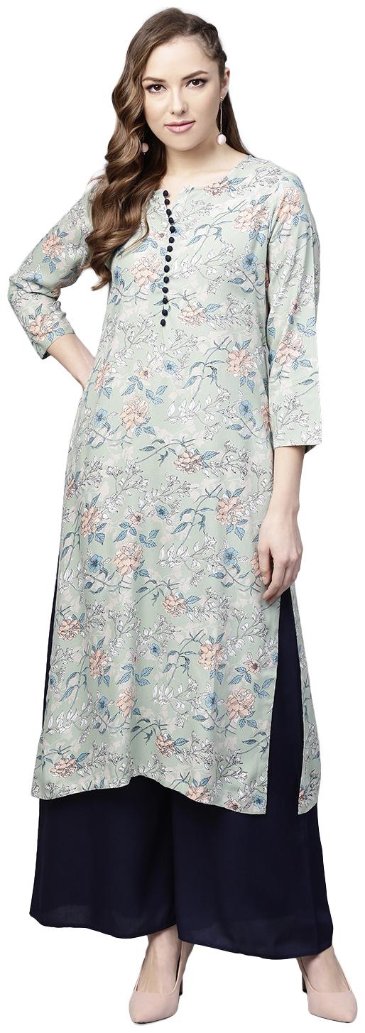 Tissu Women Green Peach Floral Printed Kurta With Palazzos
Tissu Women Green Peach Floral Printed Kurta With Palazzos