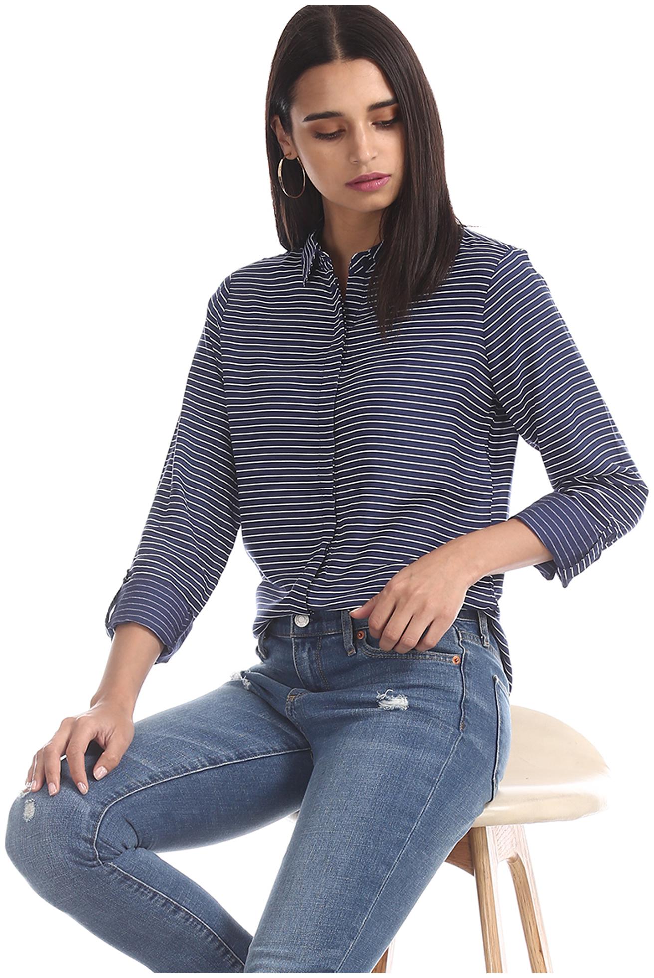 U S Polo Assn Women Blue Striped Regular Fit Shirt