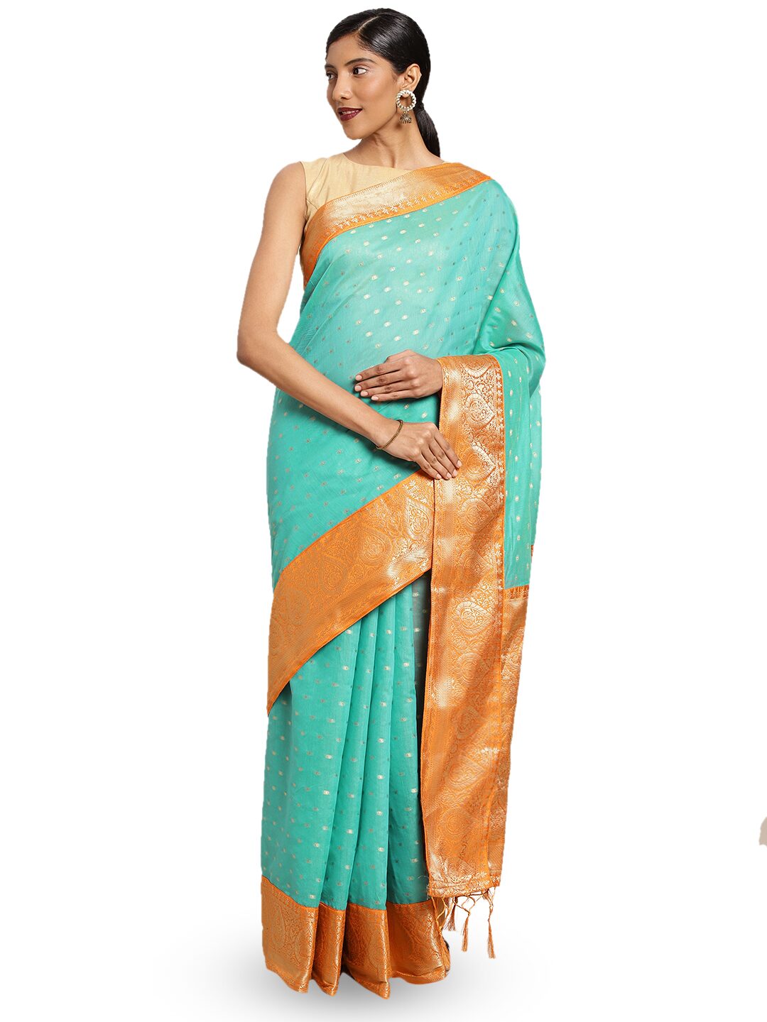 Varkala Silk Sarees Women Cotton Blend Turquoise Regular Saree With Blouse
Varkala Silk Sarees Women Cotton Blend Turquoise Regular Saree With Blouse