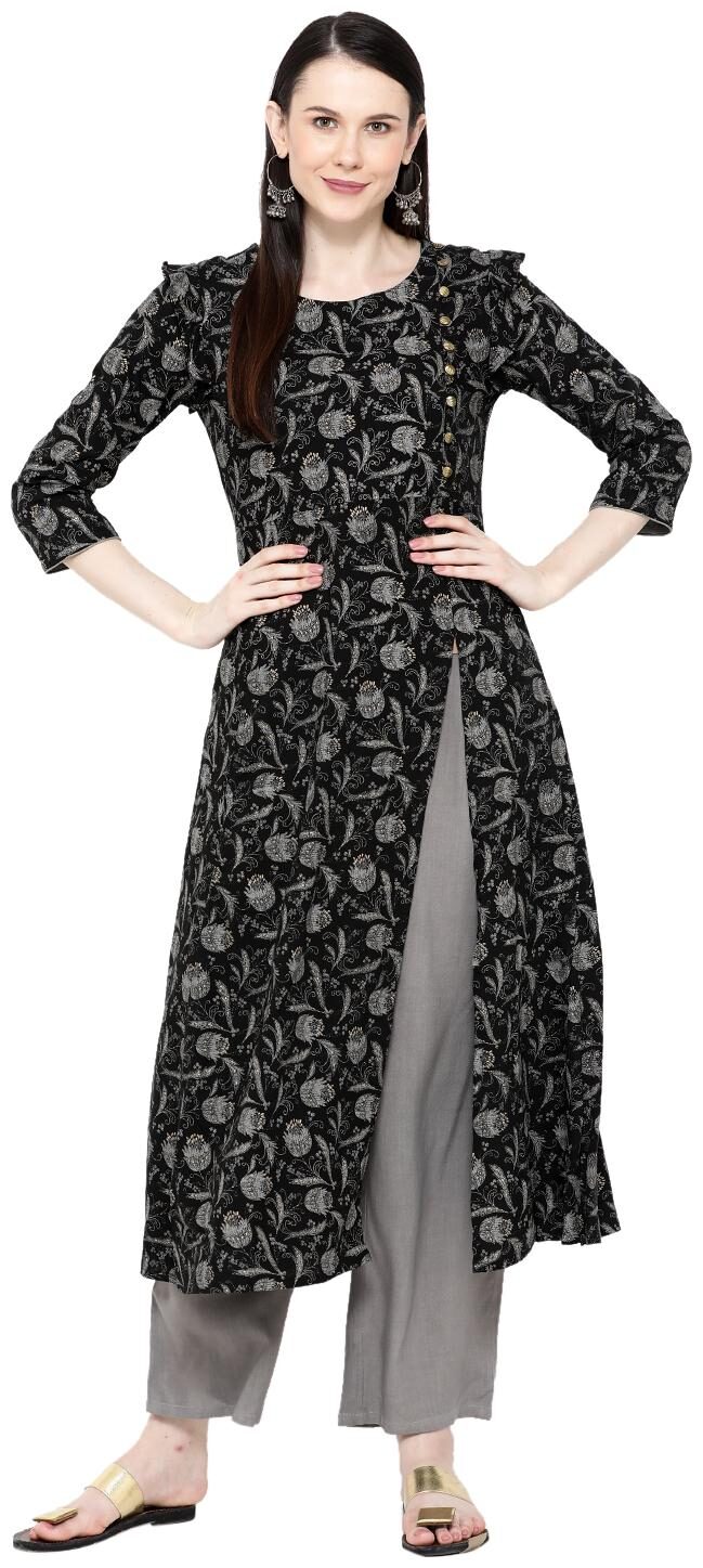 Varshika Women Black Floral Asymmetric Kurta With Palazzo 
Varshika Women Black Floral Asymmetric Kurta With Palazzo