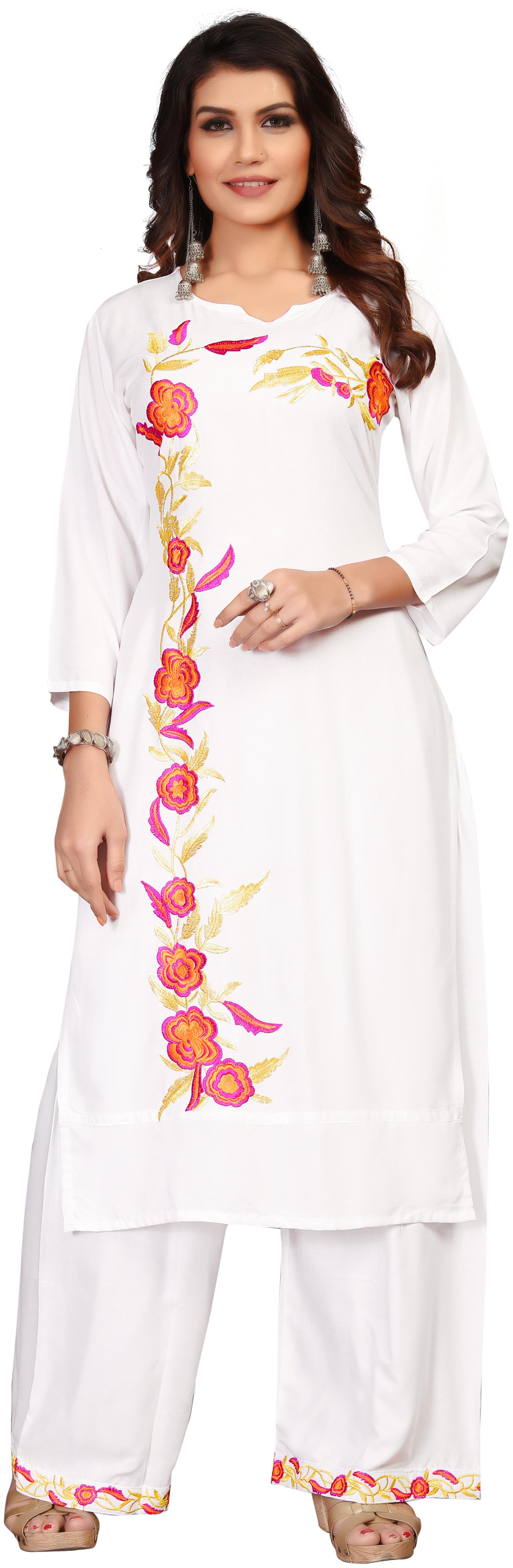 Women Embroidred Straight Fit Rayon Kurti With Embroidred Medium Length Rayon Palazzo - White
Women Embroidred Straight Fit Rayon Kurti With Embroidred Medium Length Rayon Palazzo - White