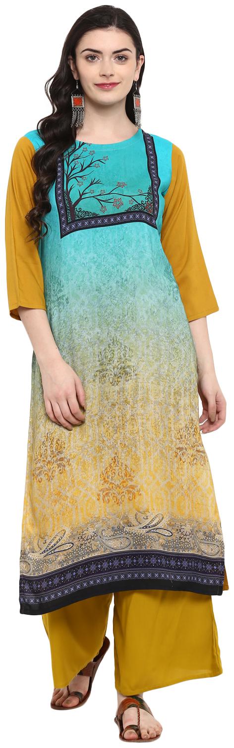 Ziyaa women Multi Color Digital Print straight Rayon Kurta Palazzo Set 
Ziyaa women Multi Color Digital Print straight Rayon Kurta Palazzo Set