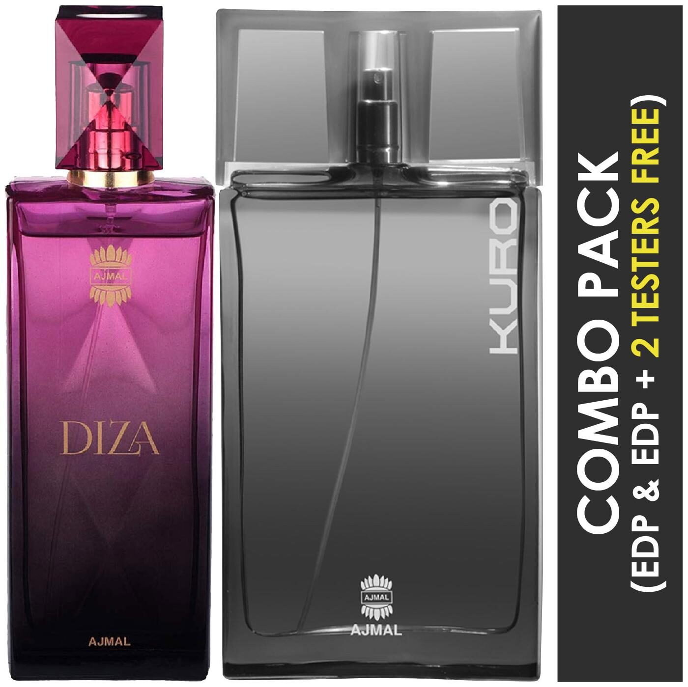 Ajma Diza EDP Fruity Floral Perfume 100ml for Women and Kuro EDP Aromatic Spicy Perfume 90ml for Men