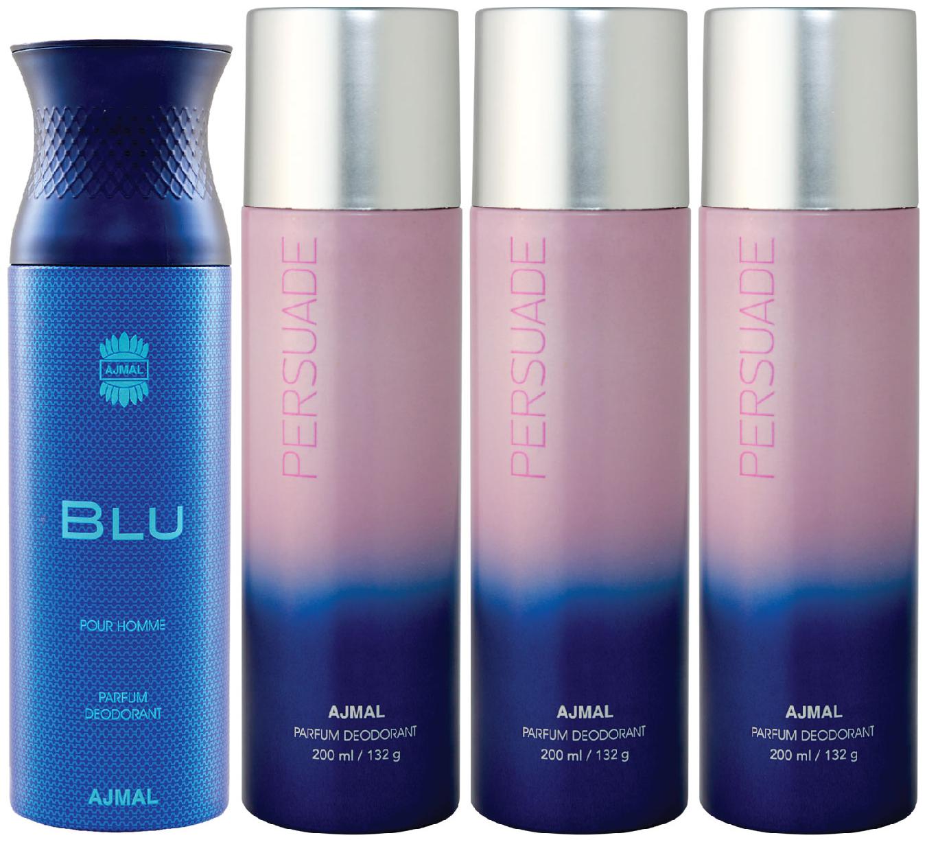 Ajmal 1 Blu Homme for Men and 3 Persuade for Men Women High Quality Deodorants each 200ml Combo ( Pack of 4 )
Ajmal 1 Blu Homme for Men and 3 Persuade for Men Women High Quality Deodorants each 200ml Combo ( Pack of 4 )