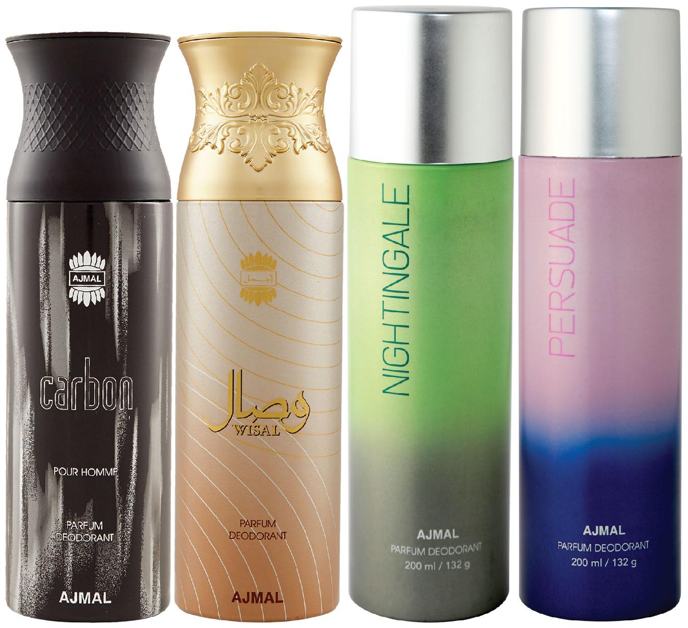 Ajmal 1 Carbon Homme for Men 1 Wisal for Women 1 Nightingale and 1 Persuade for Men Women High Quality Deodorants each 200ml Combo Pack of 4
Ajmal 1 Carbon Homme for Men 1 Wisal for Women 1 Nightingale and 1 Persuade for Men Women High Quality Deodorants each 200ml Combo Pack of 4