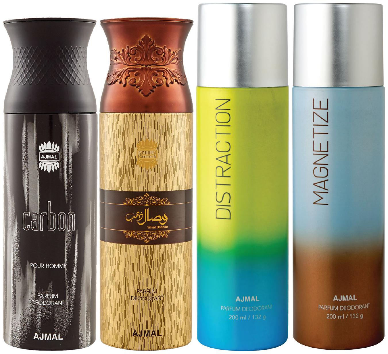 Ajmal 1 Carbon Homme for Men 1 Wisal Dhahab for Men 1 Distraction and 1 Magnetize for Men Women High Quality Deodorants each 200ml Combo Pack of 4
Ajmal 1 Carbon Homme for Men 1 Wisal Dhahab for Men 1 Distraction and 1 Magnetize for Men Women High Quality Deodorants each 200ml Combo Pack of 4