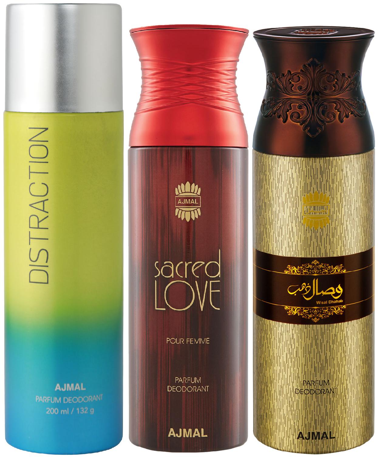 Ajmal 1 Distraction for Men Women 1 Sacred Love for Women and 1 Wisal Dhahab for Men High Quality Deodorants 200 ml Each ( Pack of 3 )
Ajmal 1 Distraction for Men Women 1 Sacred Love for Women and 1 Wisal Dhahab for Men High Quality Deodorants 200 ml Each ( Pack of 3 )