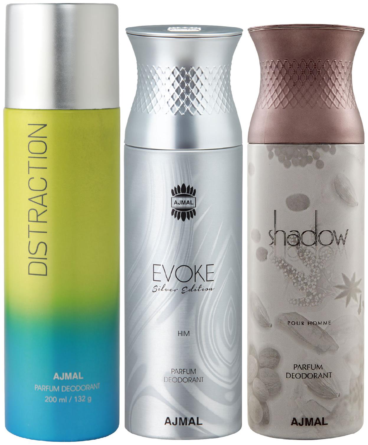 Ajmal 1 Distraction for Men Women 1 Ajmal Evoke Silver Edition for Him for Men and 1 Shadow Him for Men High Quality Deodorants each 200 ml (Pack Of 3)
Ajmal 1 Distraction for Men Women 1 Ajmal Evoke Silver Edition for Him for Men and 1 Shadow Him for Men High Quality Deodorants each 200 ml (Pack Of 3)