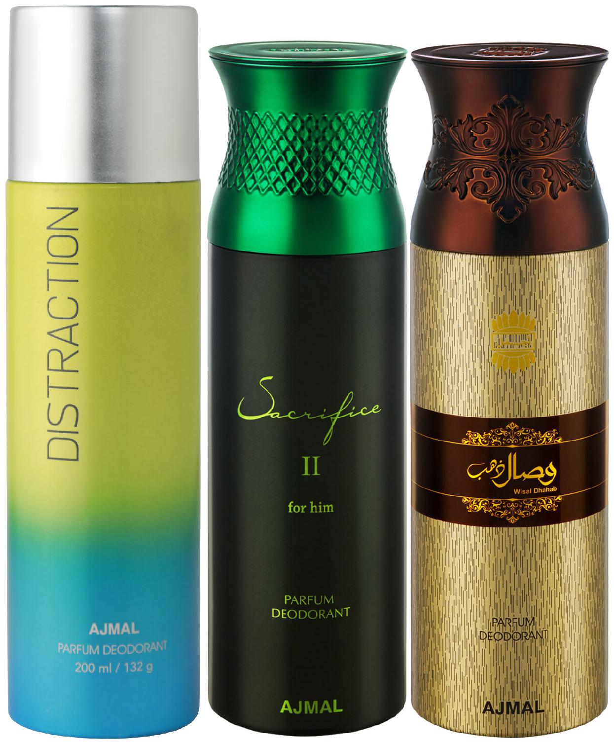 Ajmal 1 Distraction for Men Women 1 Ajmal Sacrifice II for Him for Men and 1 Wisal Dhahab for Men High Quality Deodorants each 200 ml (Pack Of 3)
Ajmal 1 Distraction for Men Women 1 Ajmal Sacrifice II for Him for Men and 1 Wisal Dhahab for Men High Quality Deodorants each 200 ml (Pack Of 3)