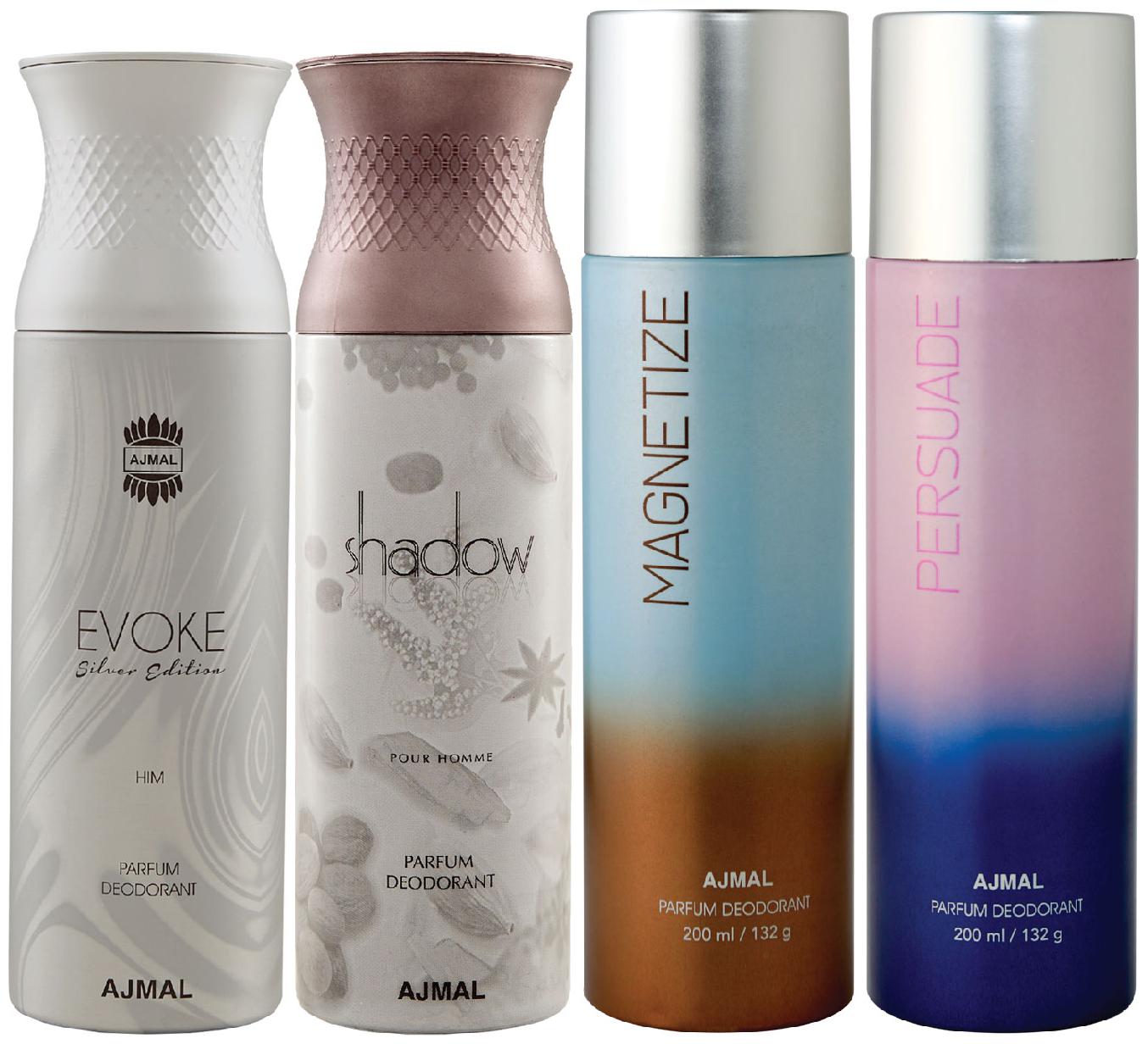 Ajmal 1 Evoke Silver Edition for Him for Men 1 Shadow Homme for Men 1 Magnetize and 1 Persuade for Men Women High Quality Deodorants each 200ml Combo Pack of 4
Ajmal 1 Evoke Silver Edition for Him for Men 1 Shadow Homme for Men 1 Magnetize and 1 Persuade for Men Women High Quality Deodorants each 200ml Combo Pack of 4