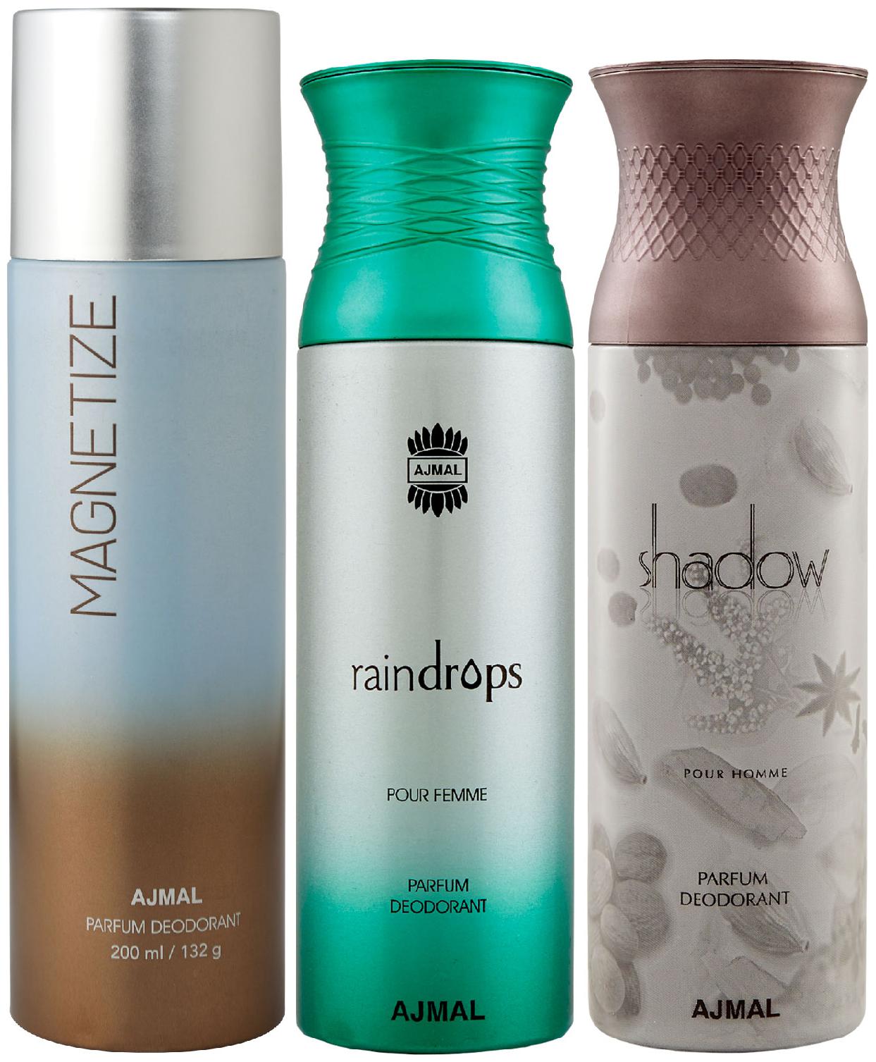 Ajmal 1 Magnetize for Men Women 1 Raindrops Femme for Women and 1 Shadow Him for Men High Quality Deodorants each 200 ml (Pack Of 3)
Ajmal 1 Magnetize for Men Women 1 Raindrops Femme for Women and 1 Shadow Him for Men High Quality Deodorants each 200 ml (Pack Of 3)