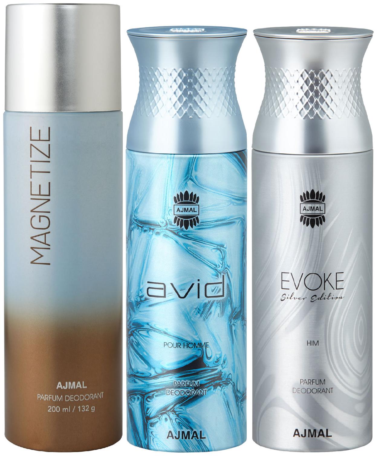 Ajmal 1 Magnetize for Men Women 1 Ajmal Avid for Men and 1 Evoke Silver Edition for Him for Men High Quality Deodorants each 200 ml (Pack Of 3)
Ajmal 1 Magnetize for Men Women 1 Ajmal Avid for Men and 1 Evoke Silver Edition for Him for Men High Quality Deodorants each 200 ml (Pack Of 3)