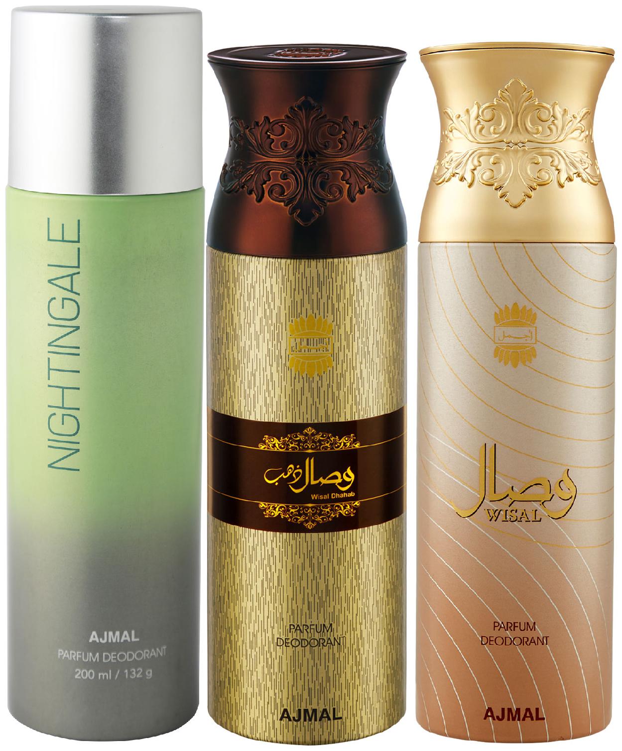 Ajmal 1 Nightingale Deo for Men Women 1 Ajmal Wisal Dhahab for Men and 1 Wisal for Women High Quality Deodorants each 200 ml (Pack Of 3)
Ajmal 1 Nightingale Deo for Men Women 1 Ajmal Wisal Dhahab for Men and 1 Wisal for Women High Quality Deodorants each 200 ml (Pack Of 3)